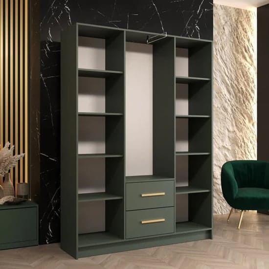 Bastia II Mirrored Wardrobe With 3 Doors 2 Drawers In Green