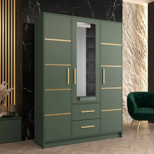Bastia II Mirrored Wardrobe With 3 Doors 2 Drawers In Green