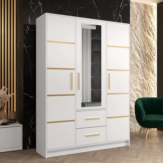 Bastia II Mirrored Wardrobe With 3 Doors 2 Drawers In White