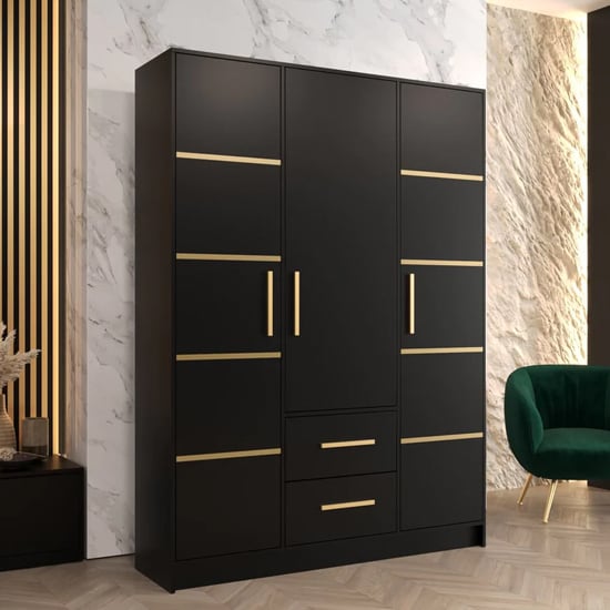 Bastia III Wooden Wardrobe With 3 Doors 2 Drawers In Black