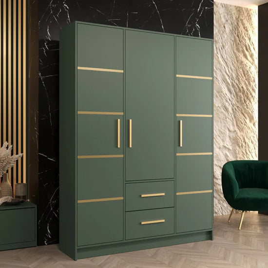Bastia III Wooden Wardrobe With 3 Doors 2 Drawers In Green