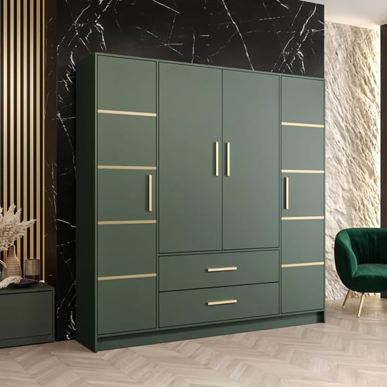 Bastia III Wooden Wardrobe With 4 Doors 2 Drawers In Green