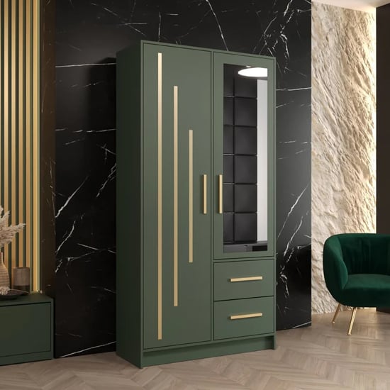 Bastia IV Mirrored Wardrobe With 2 Doors 2 Drawers In Green
