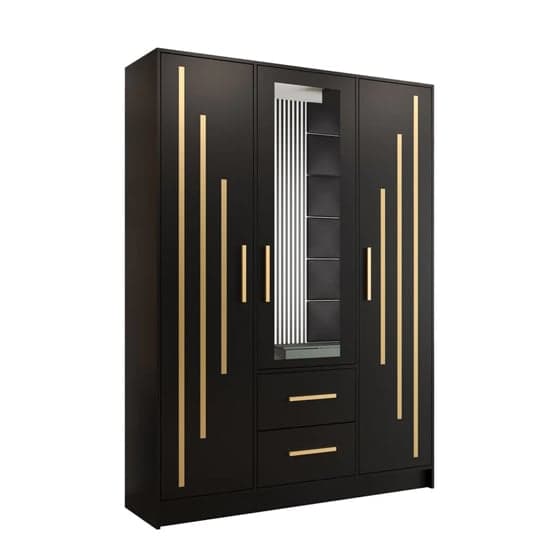 Bastia IV Mirrored Wardrobe With 3 Doors 2 Drawers In Black