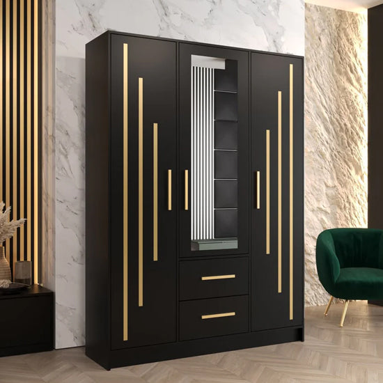 Bastia IV Mirrored Wardrobe With 3 Doors 2 Drawers In Black