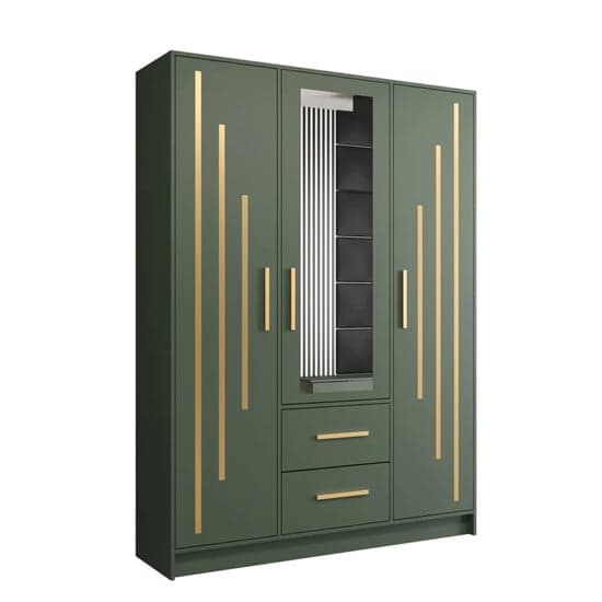 Bastia IV Mirrored Wardrobe With 3 Doors 2 Drawers In Green
