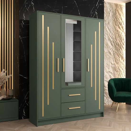 Bastia IV Mirrored Wardrobe With 3 Doors 2 Drawers In Green