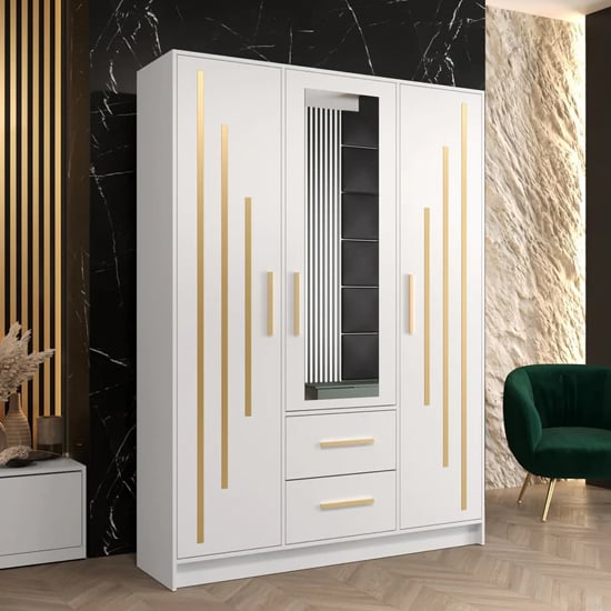Bastia IV Mirrored Wardrobe With 3 Doors 2 Drawers In White