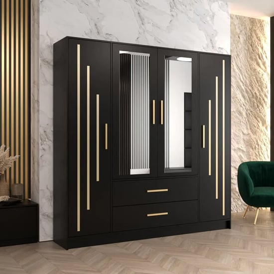 Bastia IV 4 Door 2-Drawer Mirrored Wardrobe | Elegant Black | Sophisticated Storage | Furco