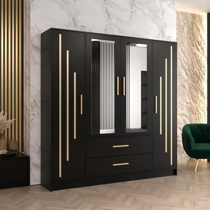 Bastia IV 4 Door 2-Drawer Mirrored Wardrobe | Elegant Black | Sophisticated Storage | Furco