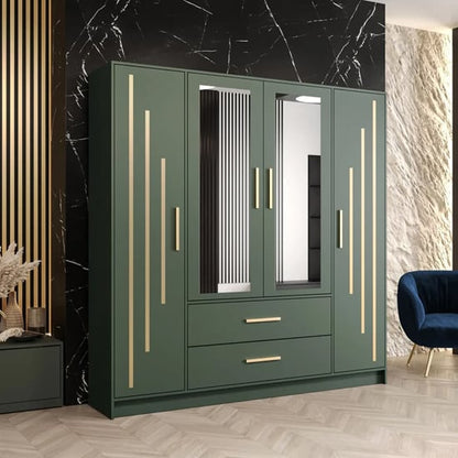 Bastia IV 4 Door 2-Drawer Mirrored Wardrobe | Refreshing Green | Vibrant Organization | Furco