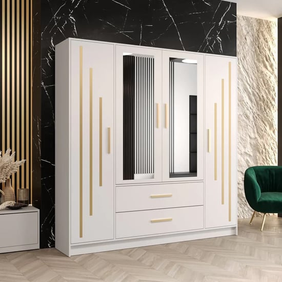 Bastia IV 4 Door 2-Drawer Mirrored Wardrobe | Classic White | Timeless Storage | Furco