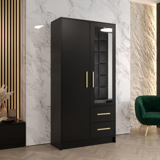 Bastia Mirrored Wardrobe With 2 Doors 2 Drawers In Black