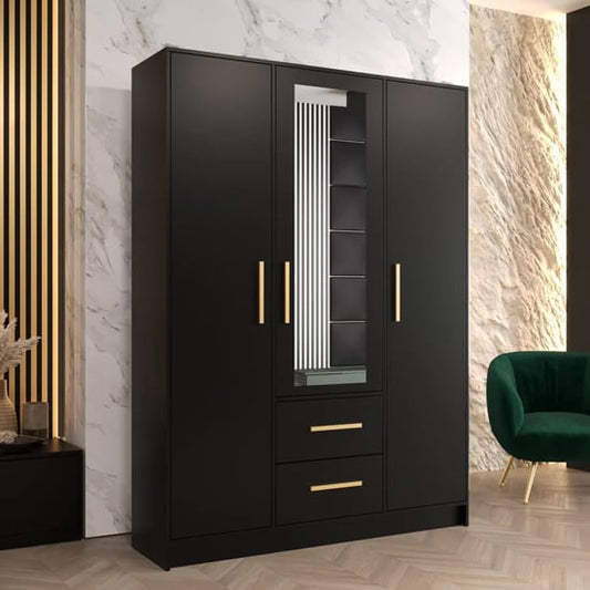 Bastia Mirrored Wardrobe With 3 Doors 2 Drawers In Black