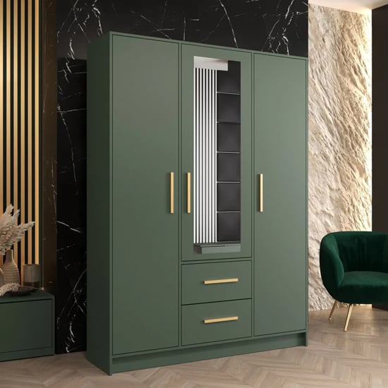 Bastia Mirrored Wardrobe With 3 Doors 2 Drawers In Green