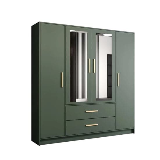Bastia 4 Door 2-Drawer Mirrored Wardrobe in Green | Vibrant & Roomy | Furco