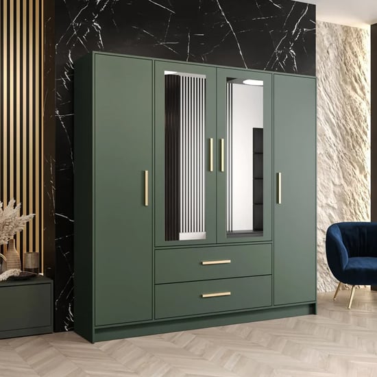Bastia 4 Door 2-Drawer Mirrored Wardrobe in Green | Vibrant & Roomy | Furco