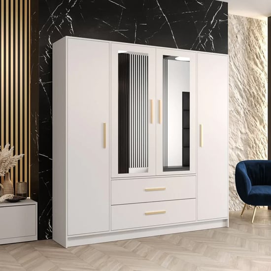 Bastia 4 Door 2-Drawer Mirrored Wardrobe in White | Reflective Elegance | Furco