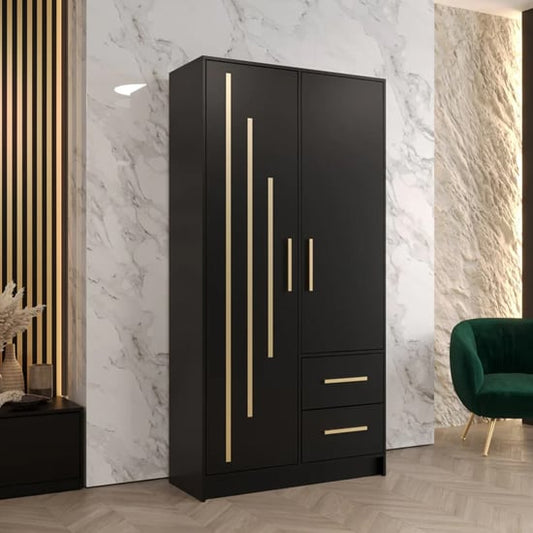 Bastia V 2 Door 2-Drawer Wooden Wardrobe | Classic Black | Sophisticated Storage | Furco