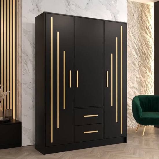 Bastia V Wooden Wardrobe With 3 Doors 2 Drawers In Black