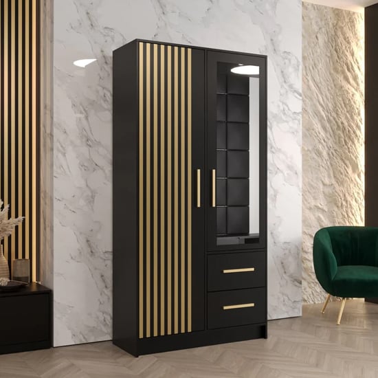 Bastia VI Mirrored Wardrobe With 2 Doors 2 Drawers In Black