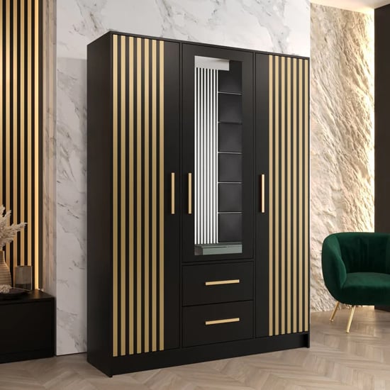 Bastia VI Mirrored Wardrobe With 3 Doors 2 Drawers In Black