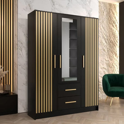 Bastia VI Mirrored Wardrobe With 3 Doors 2 Drawers In Black