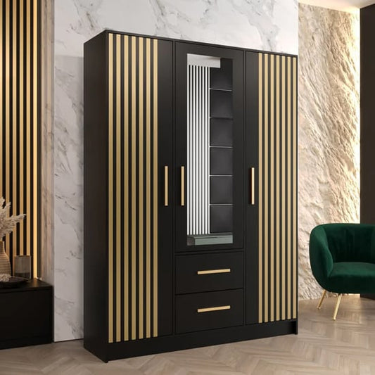Bastia VI Mirrored Wardrobe With 3 Doors 2 Drawers In Black