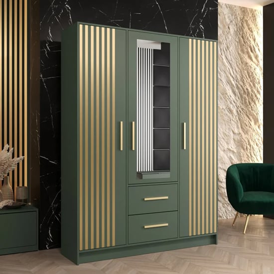Bastia VI Mirrored Wardrobe With 3 Doors 2 Drawers In Green