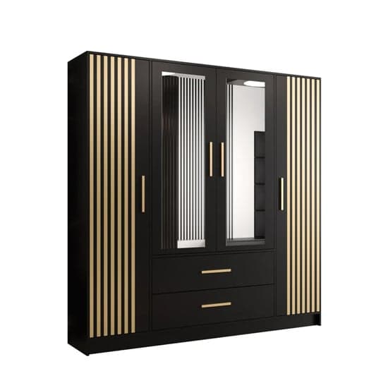 Bastia VI 4 Door Mirrored Wardrobe | Chic Black with 2 Drawers | Furco