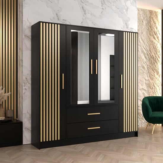 Bastia VI 4 Door Mirrored Wardrobe | Chic Black with 2 Drawers | Furco