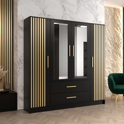 Bastia VI 4 Door Mirrored Wardrobe | Chic Black with 2 Drawers | Furco