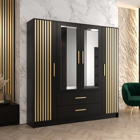Bastia VI 4 Door Mirrored Wardrobe | Chic Black with 2 Drawers | Furco