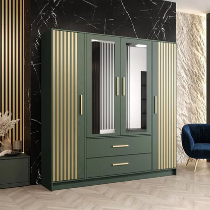 Bastia VI 4 Door Mirrored Wardrobe | Vibrant Green & Drawer Storage | Furco