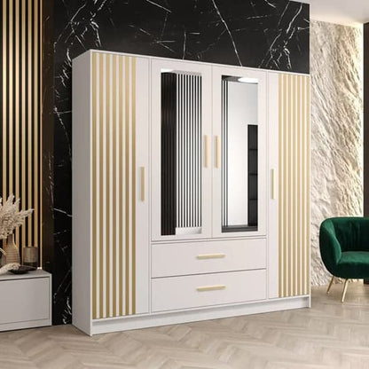 Bastia VI 4 Door Mirrored Wardrobe | White with 2 Drawers | Classic Elegance | Furco