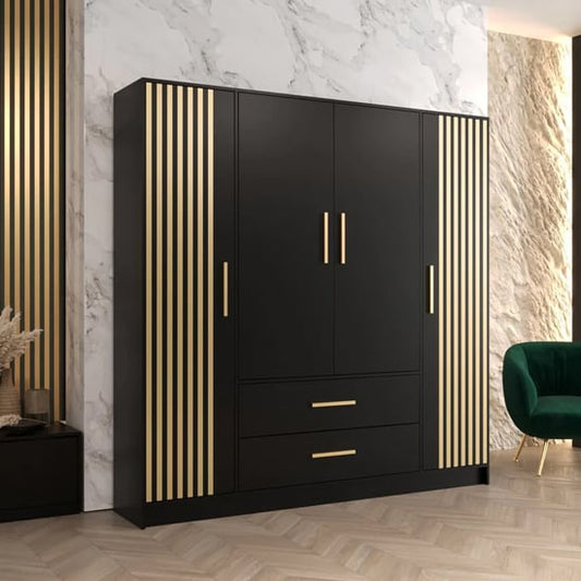 Bastia VII 4 Door Wardrobe with 2 Drawers | Sleek Black Finish | Furco