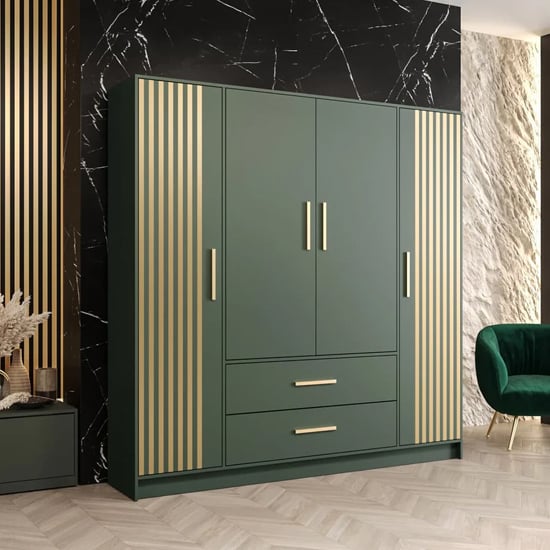 Bastia VII Wooden Hinged Wardrobe | 4 Doors 2 Drawers in Green | Vibrant & Roomy | Furco