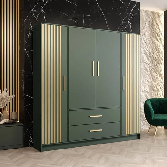Bastia VII Wooden Hinged Wardrobe | 4 Doors 2 Drawers in Green | Vibrant & Roomy | Furco