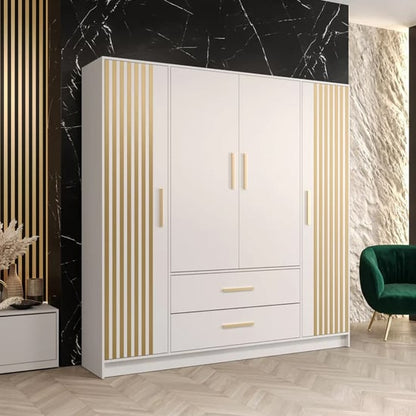 Bastia VII Wooden Hinged Wardrobe | 4 Doors 2 Drawers in White | Classic & Functional | Furco