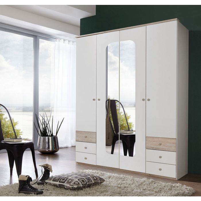 Berten 4 Door 6-Drawer Mirrored Wardrobe | White & Oak Fusion | Furco