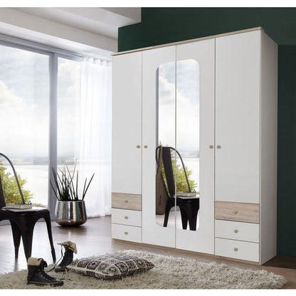 Berten 4 Door 6-Drawer Mirrored Wardrobe | White & Oak Fusion | Furco