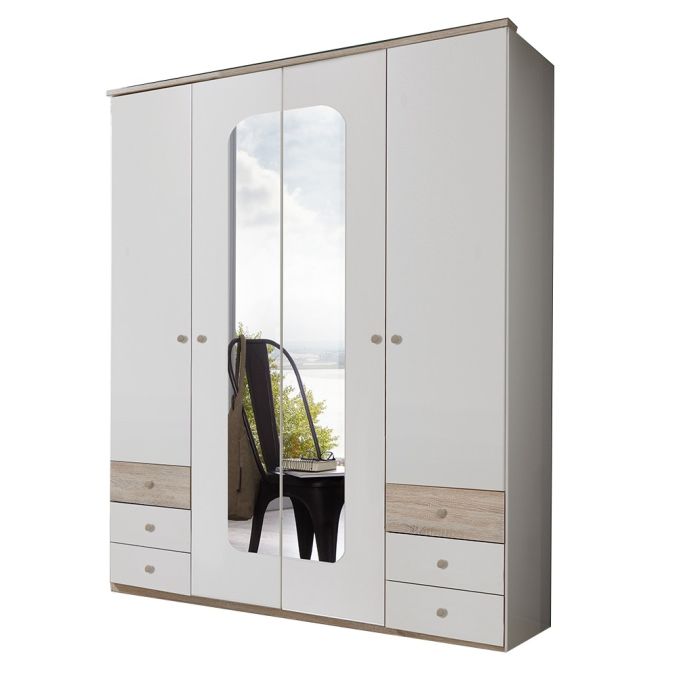 Berten 4 Door 6-Drawer Mirrored Wardrobe | White & Oak Fusion | Furco
