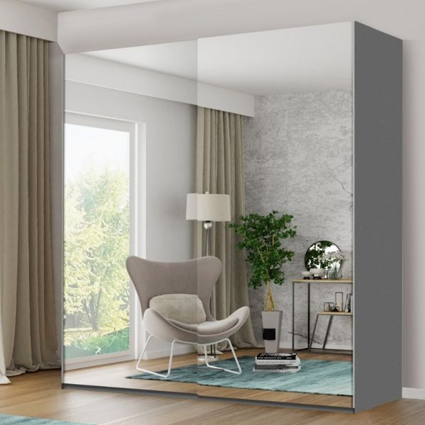FURCO | Giovany 2 Door Mirrored Sliding Wardrobe | Elegant Grey | Available in 3 Sizes | Versatile & Stylish