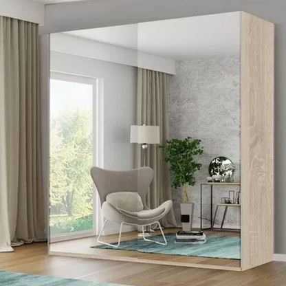 FURCO Giovany 2 Door Mirrored Sliding Wardrobe | Oak Finish | Offered in 3 Sizes | Stylish & Durable Storage