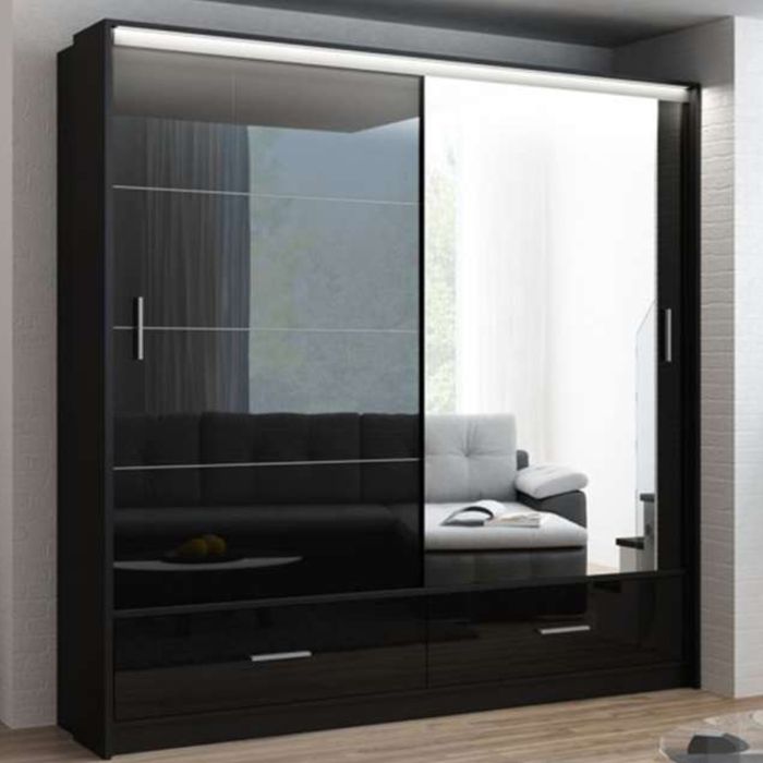Warrington Black Sliding 2 Door Mirrored Wardrobe | 208cm with Drawers | Modern Storage | Furco