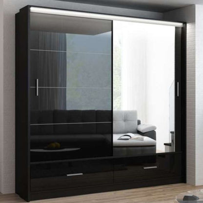 Warrington Black Sliding 2 Door Mirrored Wardrobe | 208cm with Drawers | Modern Storage | Furco