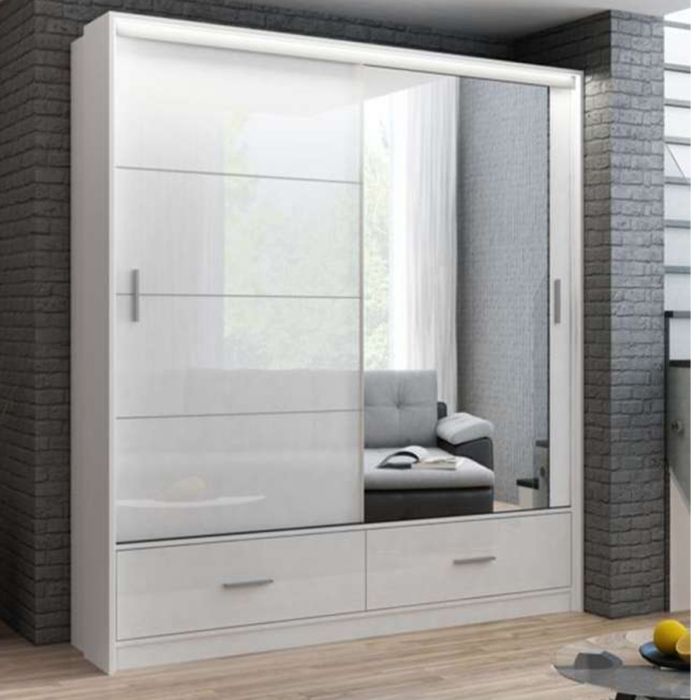 Warrington White Sliding 2 Door Mirrored Wardrobe | 208cm with Functional Drawers | Crisp Elegance | Furco