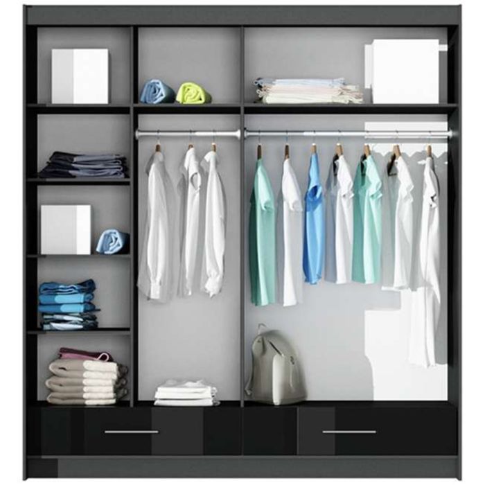 Warrington Black Sliding 2 Door Mirrored Wardrobe | 208cm with Drawers | Modern Storage | Furco