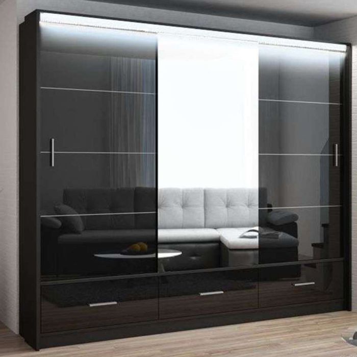Warrington Black Sliding 3 Door Mirrored Wardrobe | 255cm with Drawers | Spacious & Chic | Furco