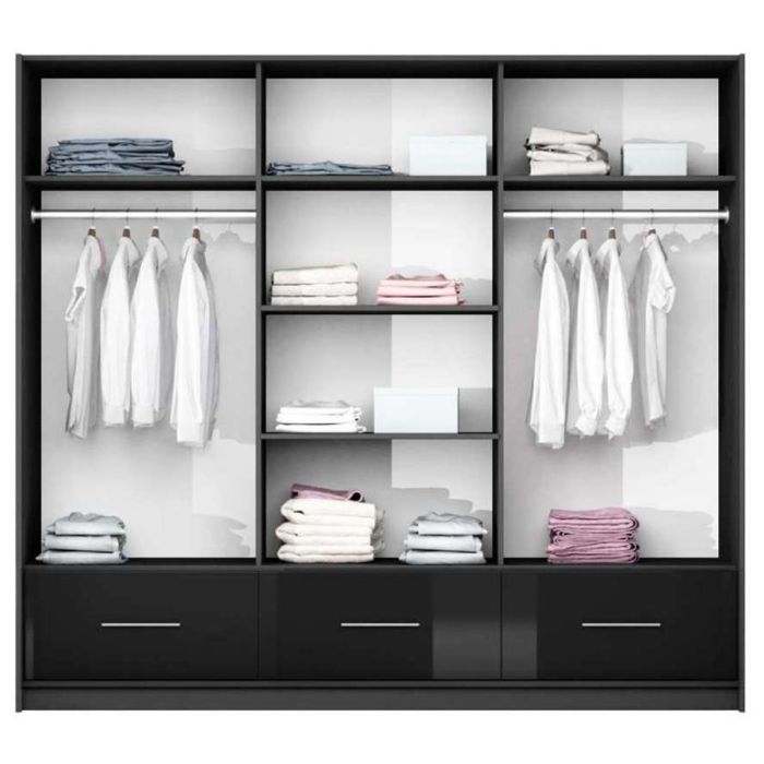 Warrington Black Sliding 3 Door Mirrored Wardrobe | 255cm with Drawers | Spacious & Chic | Furco